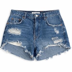 ZARA “The HW Short” High Waist Distressed Denim Shorts – Dark Wash